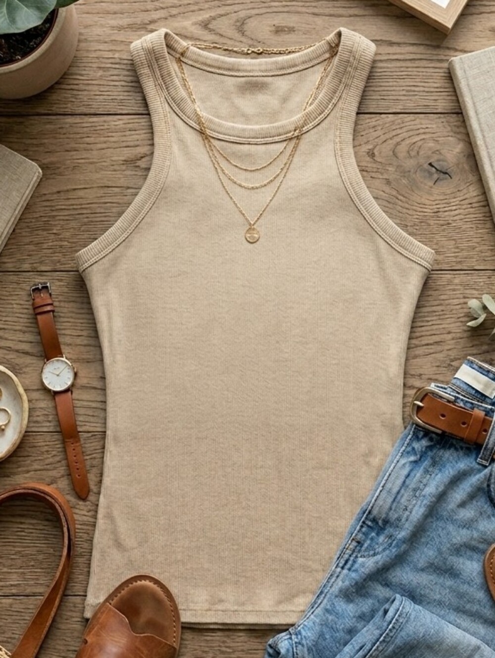 Classic Sleeveless Rib Tank Top in Beige - Built-in Padded Shelf Bra